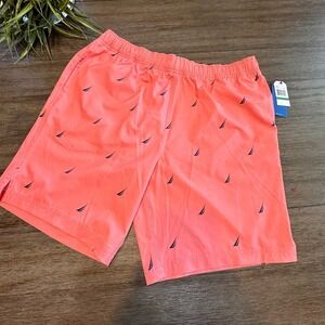 Nautica Sail Boat Print Swim Trunks Mens Size L Coral Pink Elastic Waist Shorts